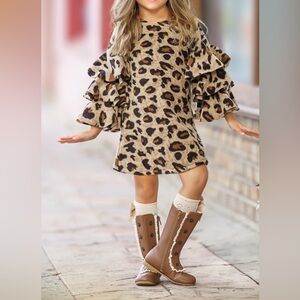 Leopard Print Ruffle Sleeve Dress - Beige/Brown